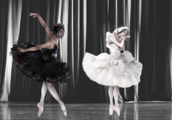 Swan Lake Ballet 2 ballerinas representing the black and white swans